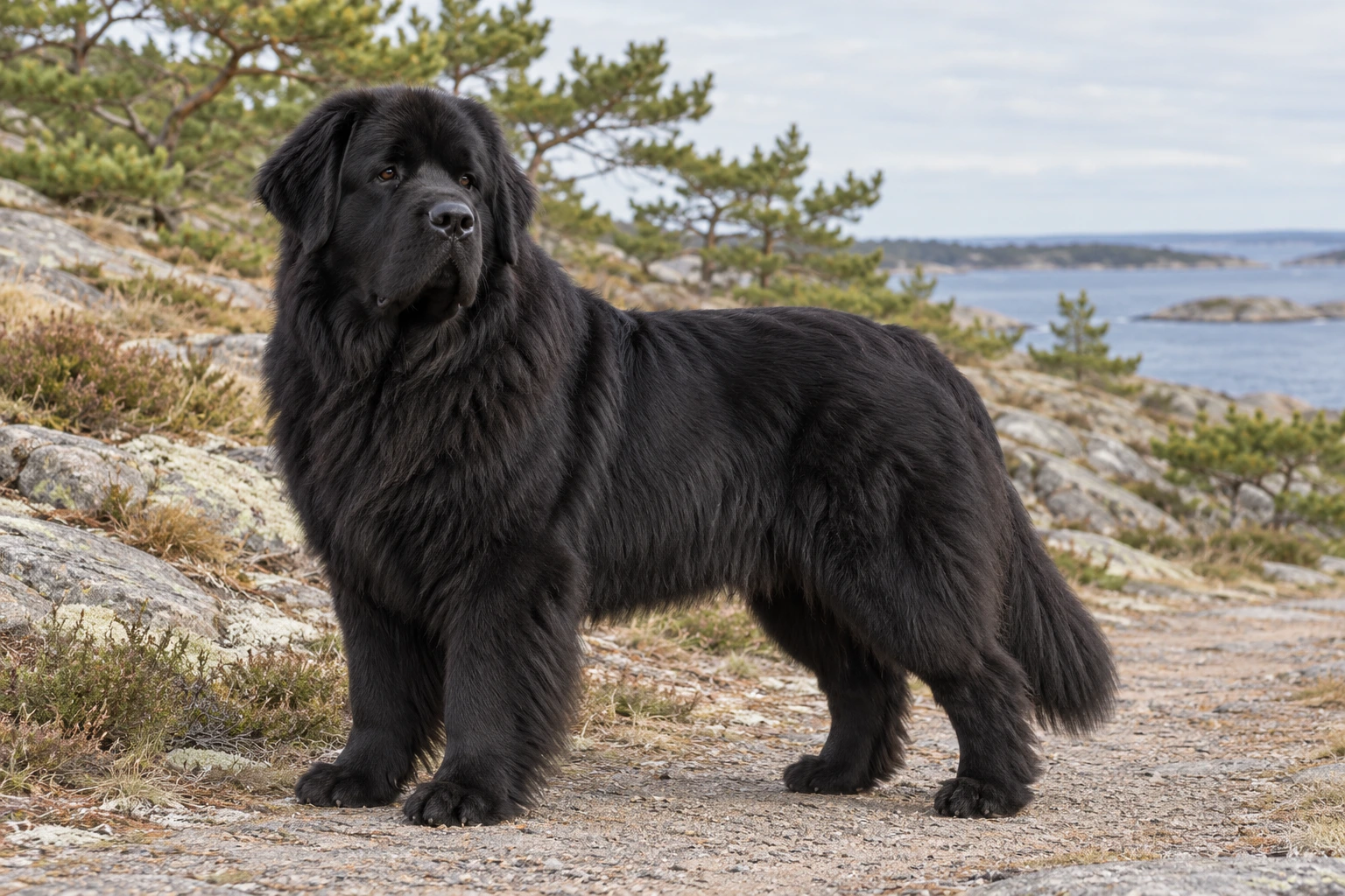 Sort Newfoundland med tæt pels og lavt båret hale står på en kyststi.
