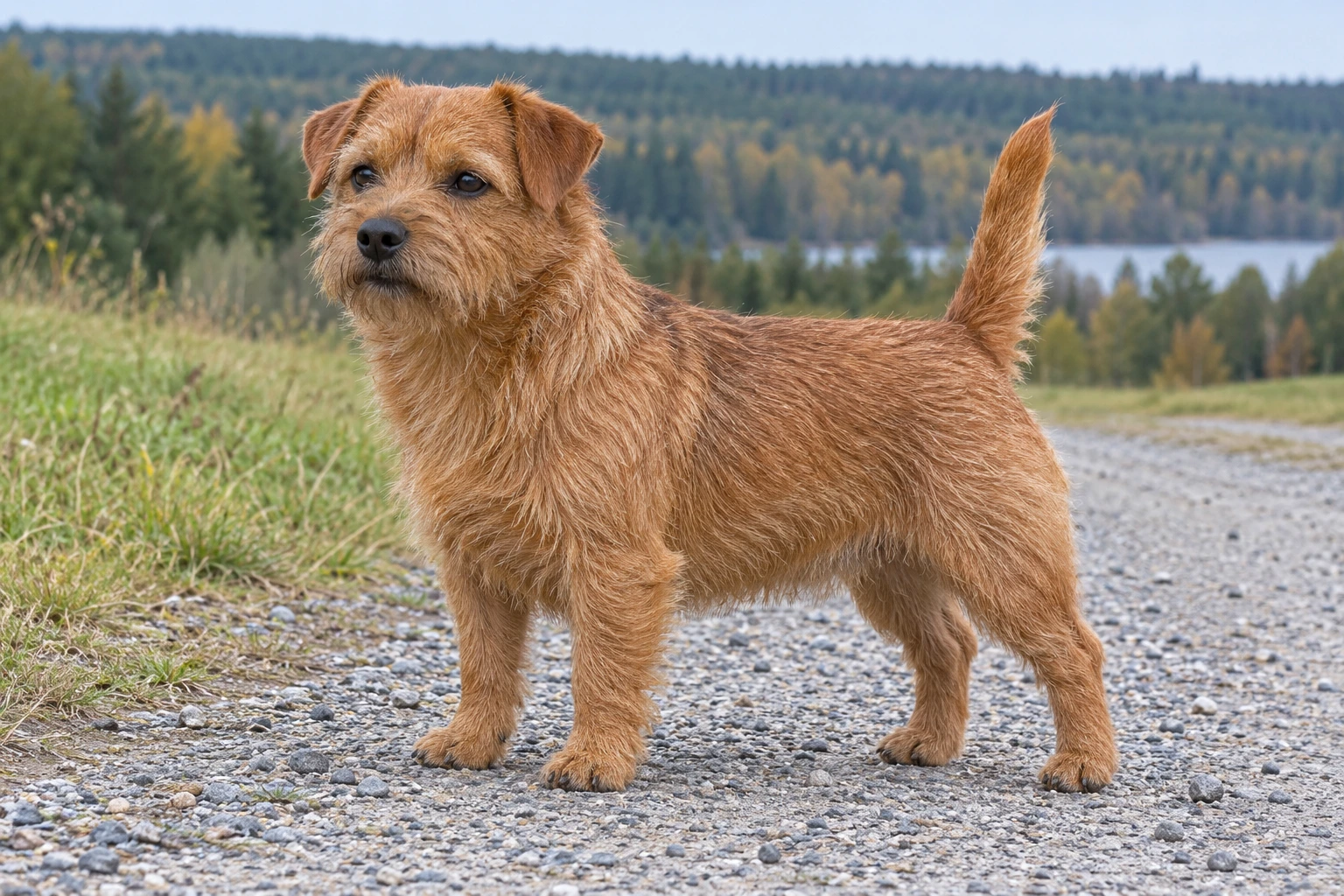 Rød Norfolk Terrier med fremadfoldede hængeører står ved en mark.