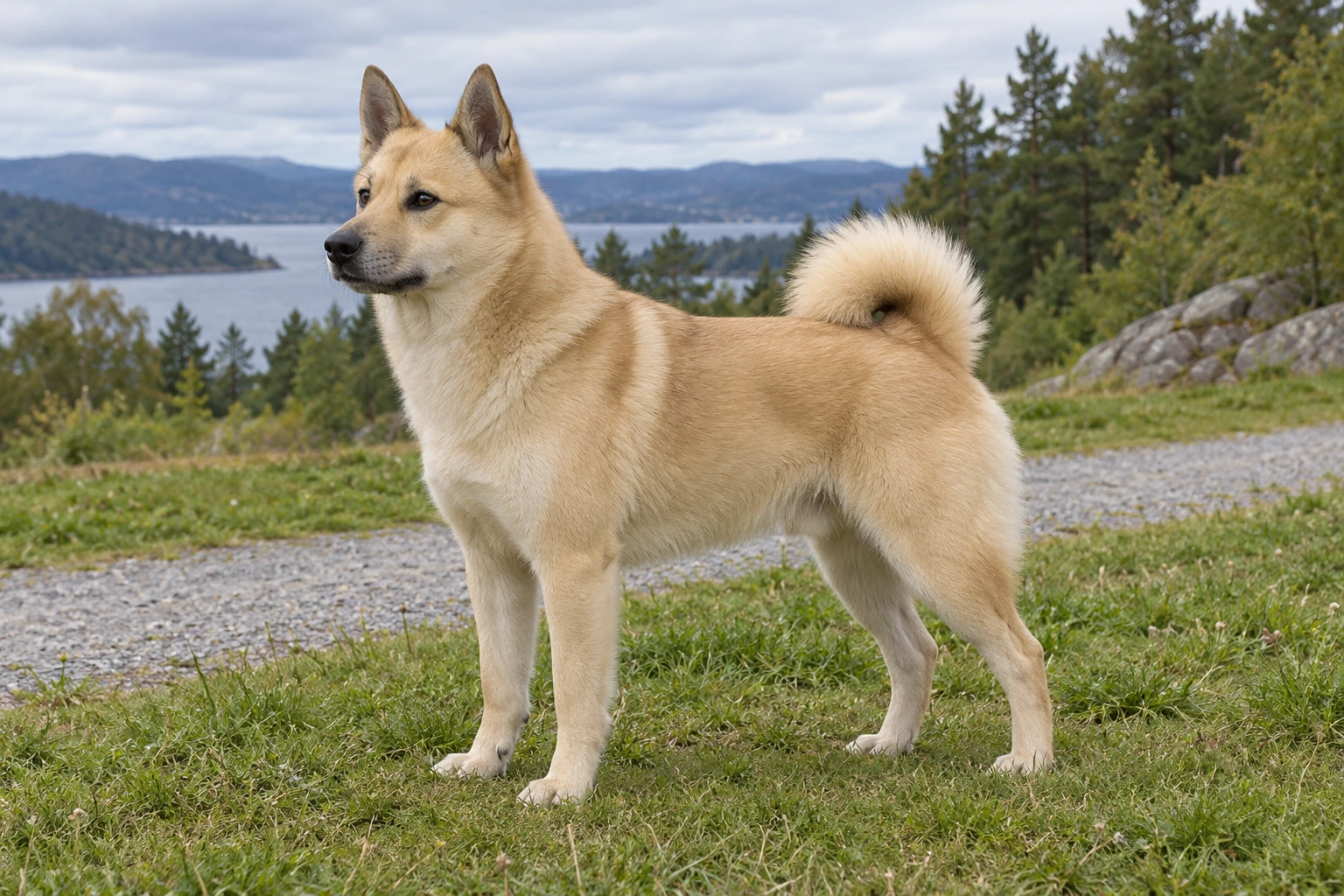 Voksen Norsk Buhund med naturlige ører og hale står ved en engsti.