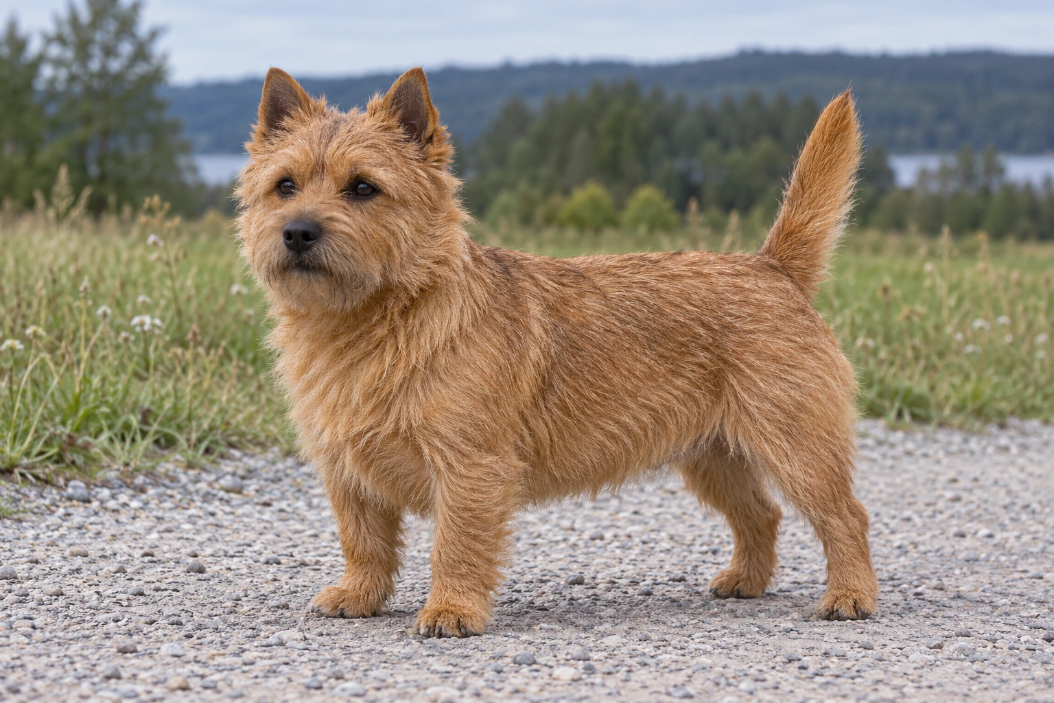 Rød Norwich Terrier med oprette ører og strid pels står på en sti.