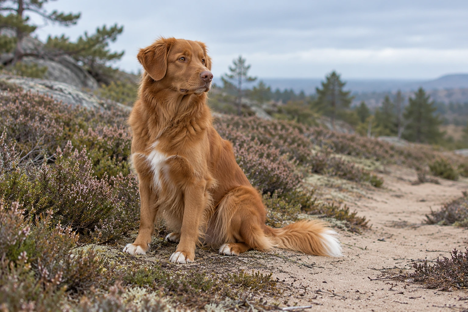Rød voksen Nova Scotia Duck Tolling Retriever sidder i et hedelandskab