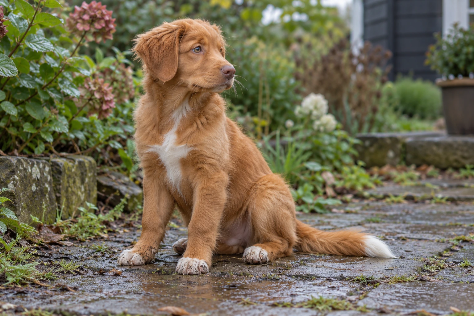 Hvalp af racen Nova Scotia Duck Tolling Retriever, ca. 12 uger, i et nordisk hverdagsmiljø