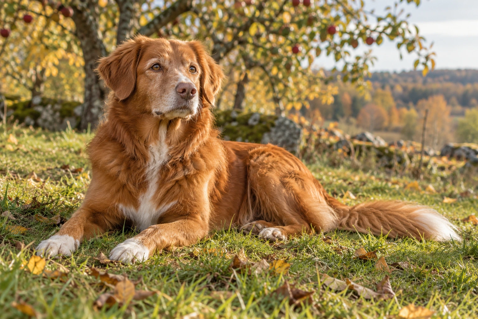 Senior af racen Nova Scotia Duck Tolling Retriever, ca. 10 år, i et nordisk hverdagsmiljø