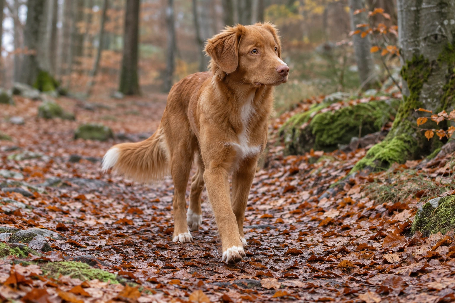 Unghund af racen Nova Scotia Duck Tolling Retriever, ca. 9 måneder, i et nordisk hverdagsmiljø