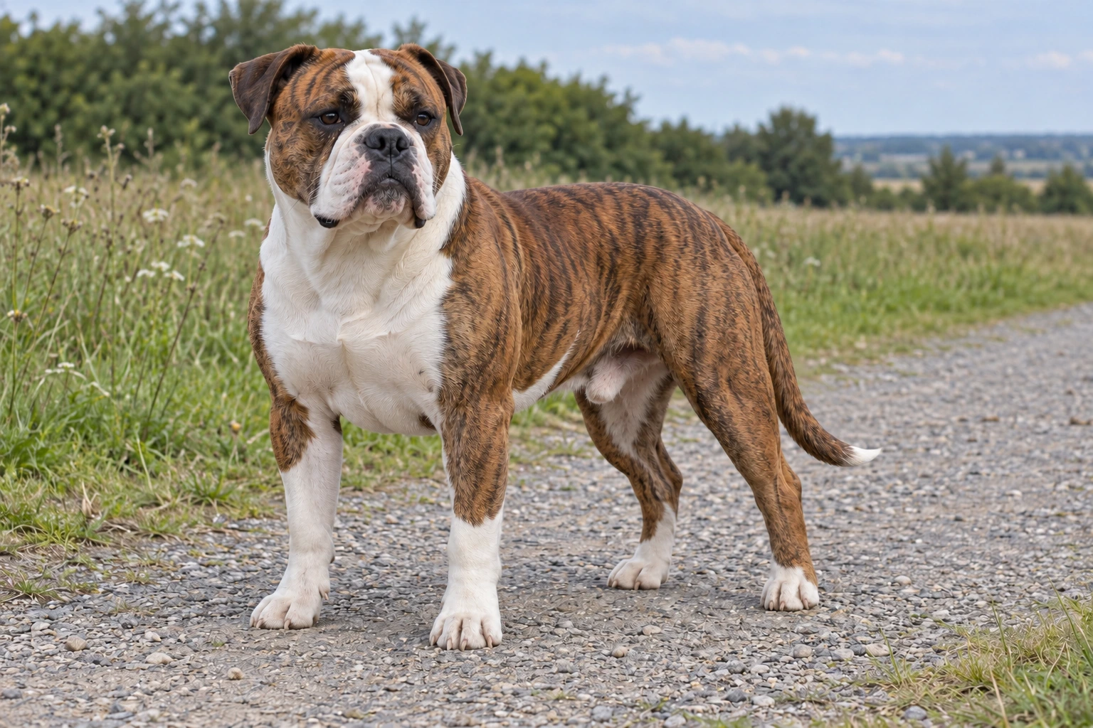 Brindle og hvid Old English Bulldog med naturlige rosenører og lang hale står på en sti.