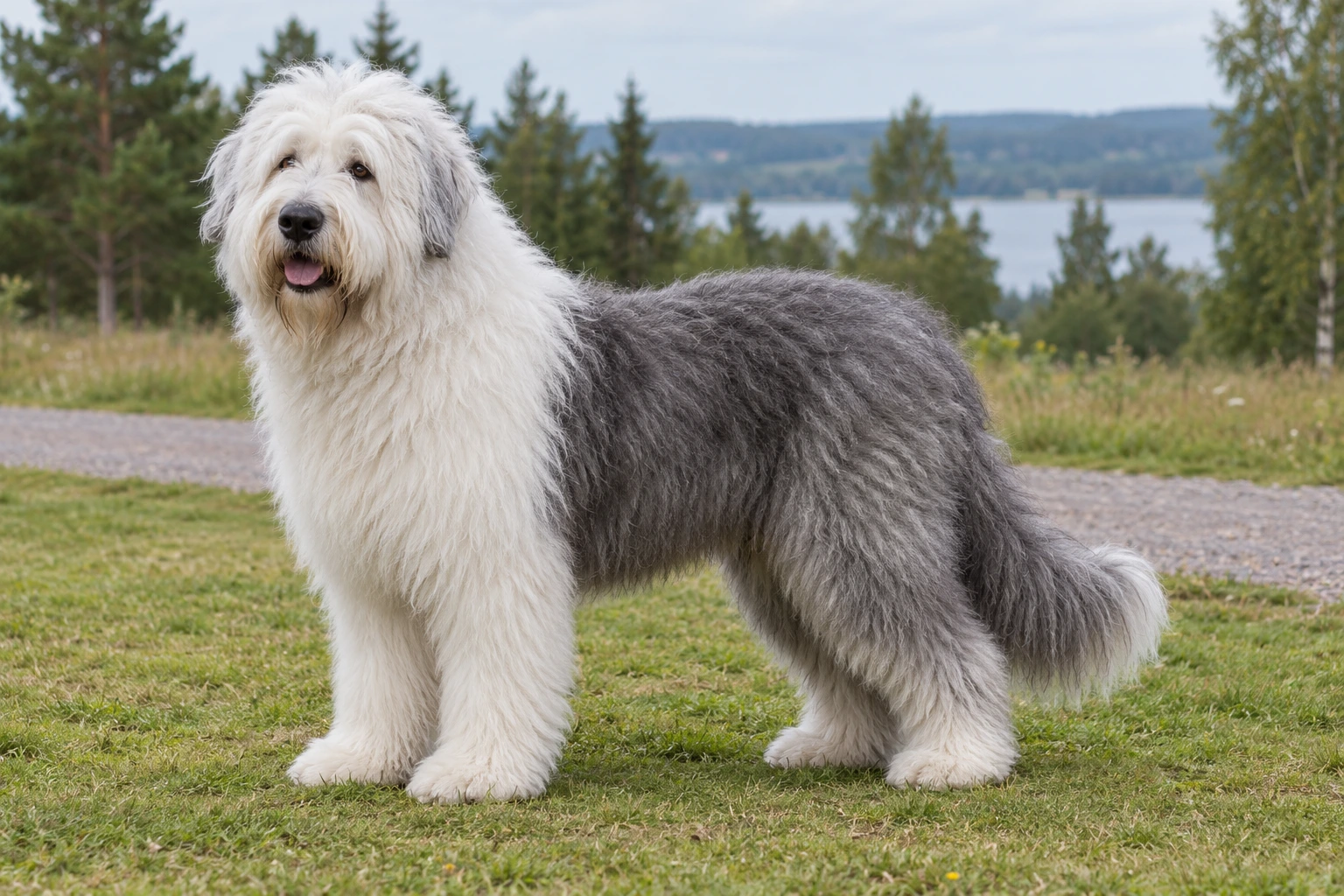 Voksen Old English Sheepdog med naturlige ører og hale står ved en engsti.