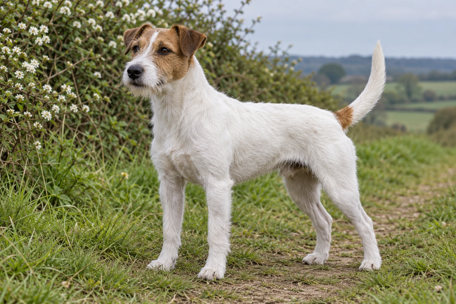 Hvid og tan Parson Russell Terrier med ru pels står på en græssti ved en hæk.
