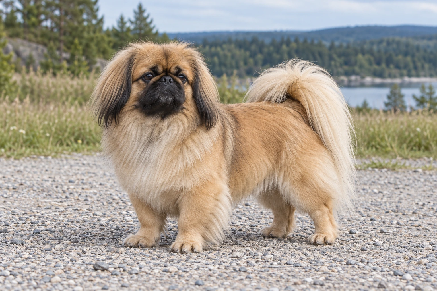 Fawn Pekingeser med sort maske og moderat manke står på en sti.