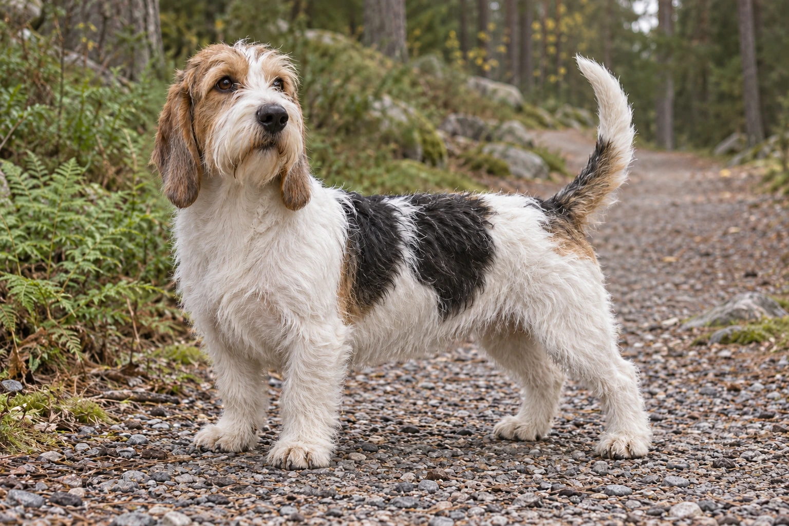 Trefarvet Petit Basset Griffon Vendéen med ru pels står på en gruset skovsti.