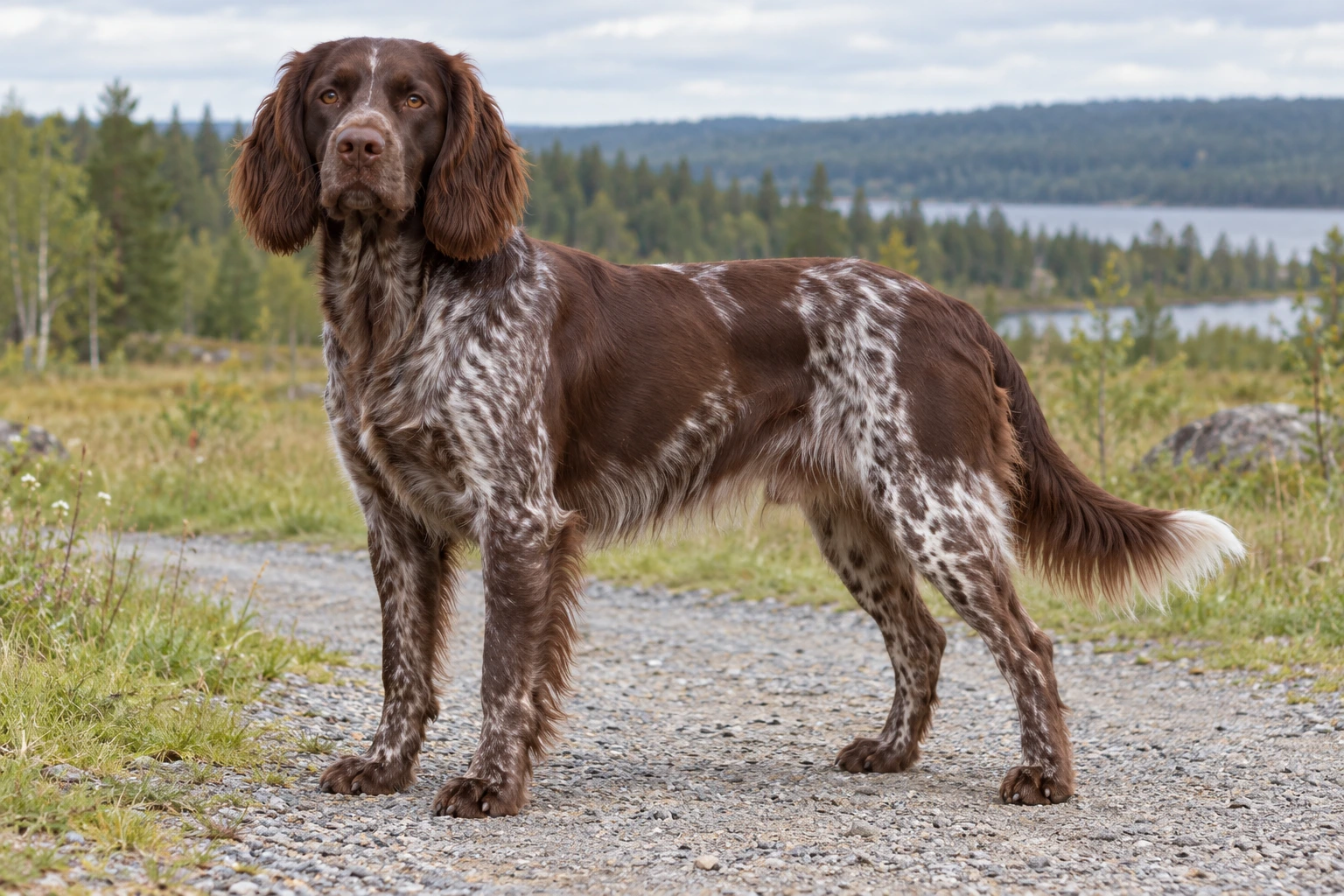 Chokoladeroan Polish Hunting Spaniel med brune aftegninger og hvid halespids står på en sti.