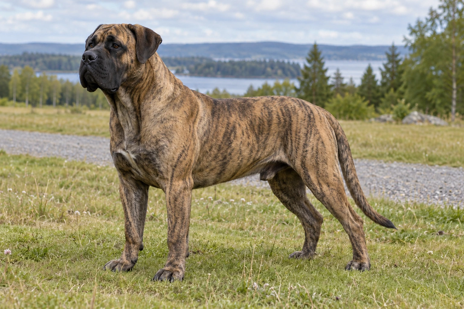 Voksen Presa Canario med naturlige ører og hale står ved en engsti.