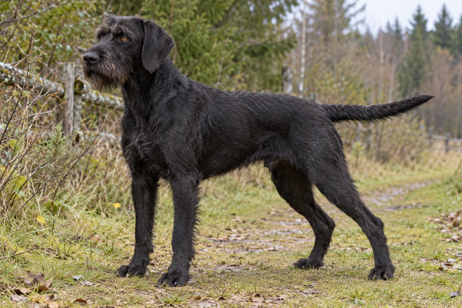 Voksen sort Pudelpointer med skæg, pandelok og fuld naturlig hale på en skovsti