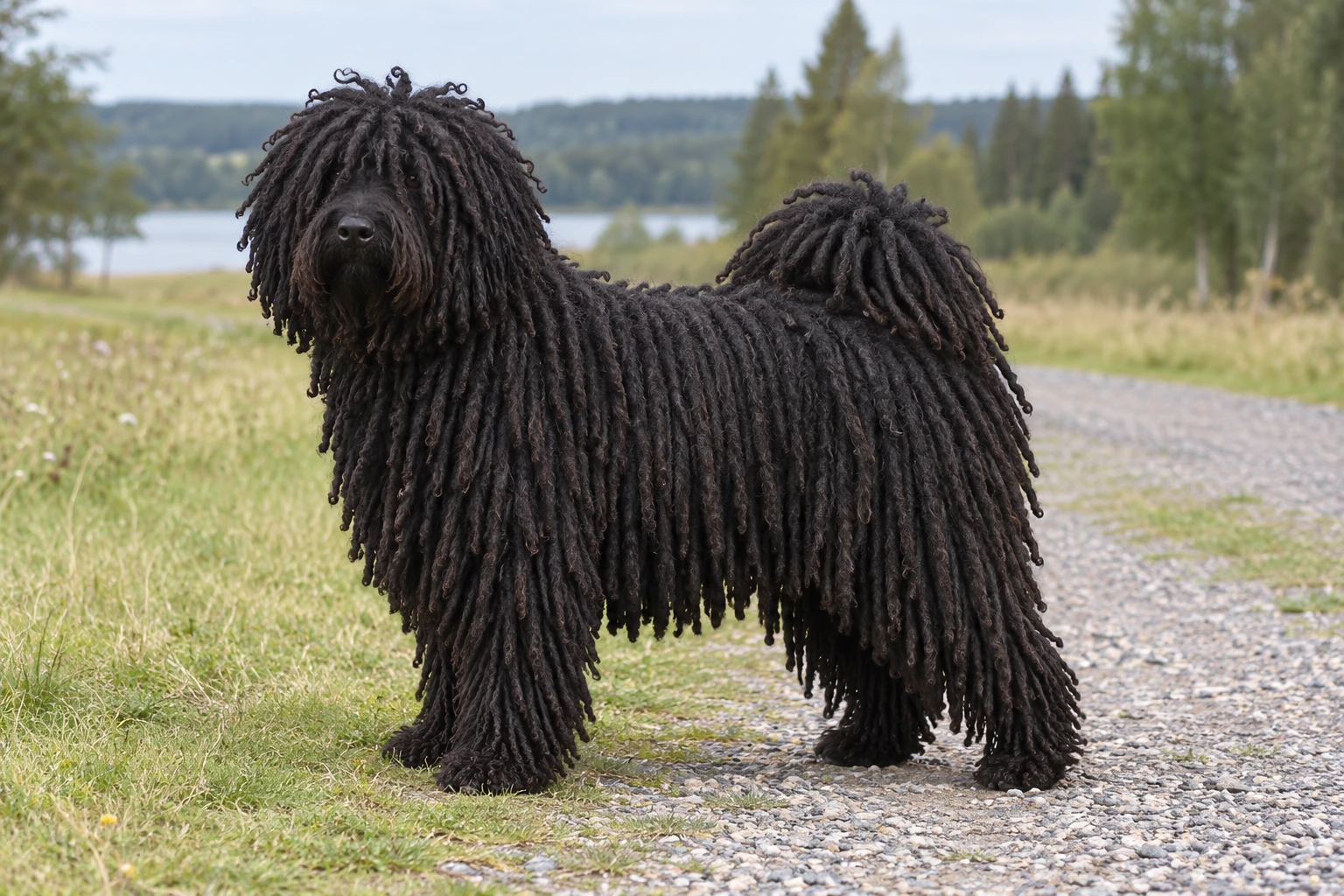 Voksen sort Puli med lang snoret pels og hale over ryggen ved en engsti.