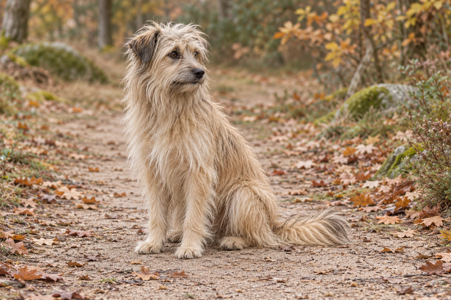 Voksen fawn langhåret Pyrenæisk Hyrdehund med naturlige hængeører og fuld hale sidder på en sti