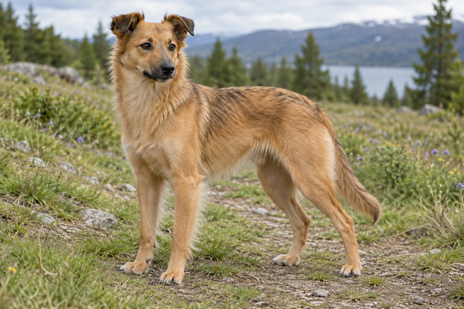 Voksen fawn Pyrenæisk hyrdehund med korthårshoved, glat ansigt, halvt oprette ører og fuld naturlig hale