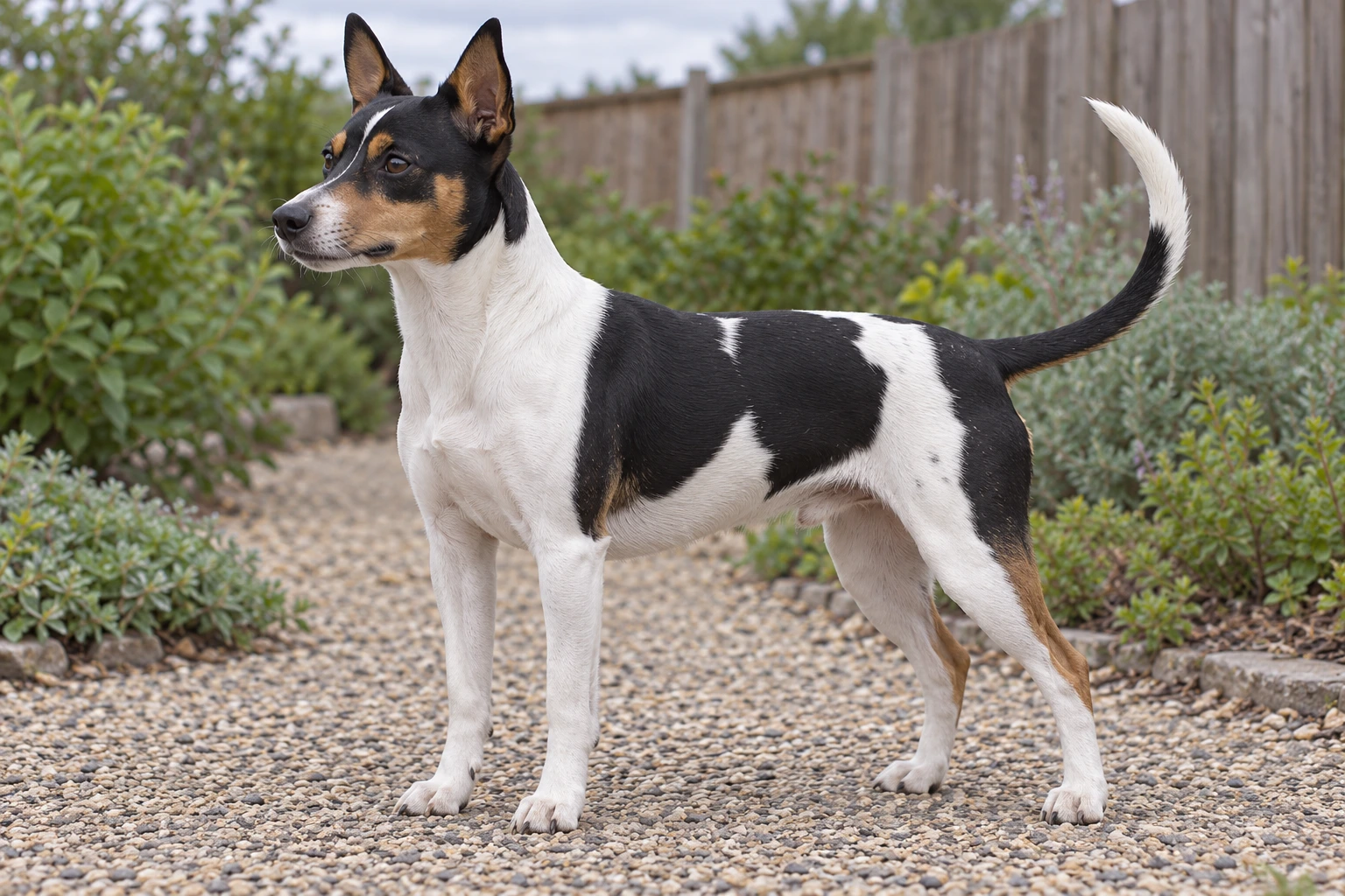 Voksen hvid Rat Terrier med sorte pletter, tan-aftegn, naturlige ståører og fuld lang hale