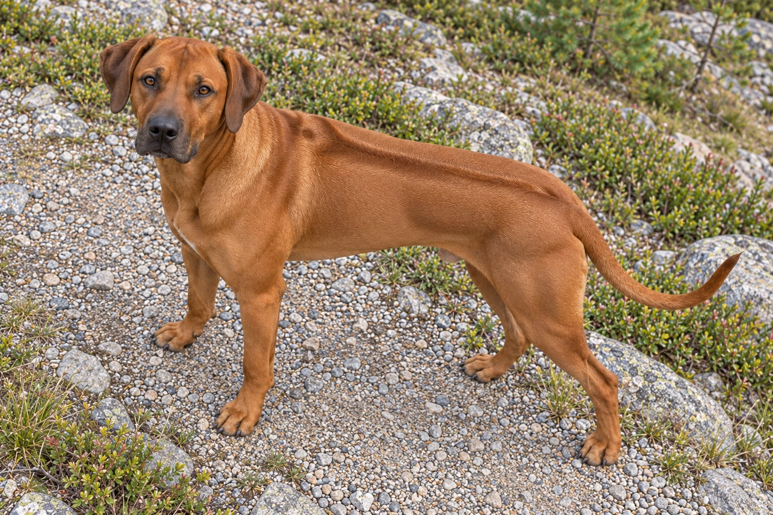 Rødhvedefarvet Rhodesian Ridgeback med synlig rygkam står på en sti.