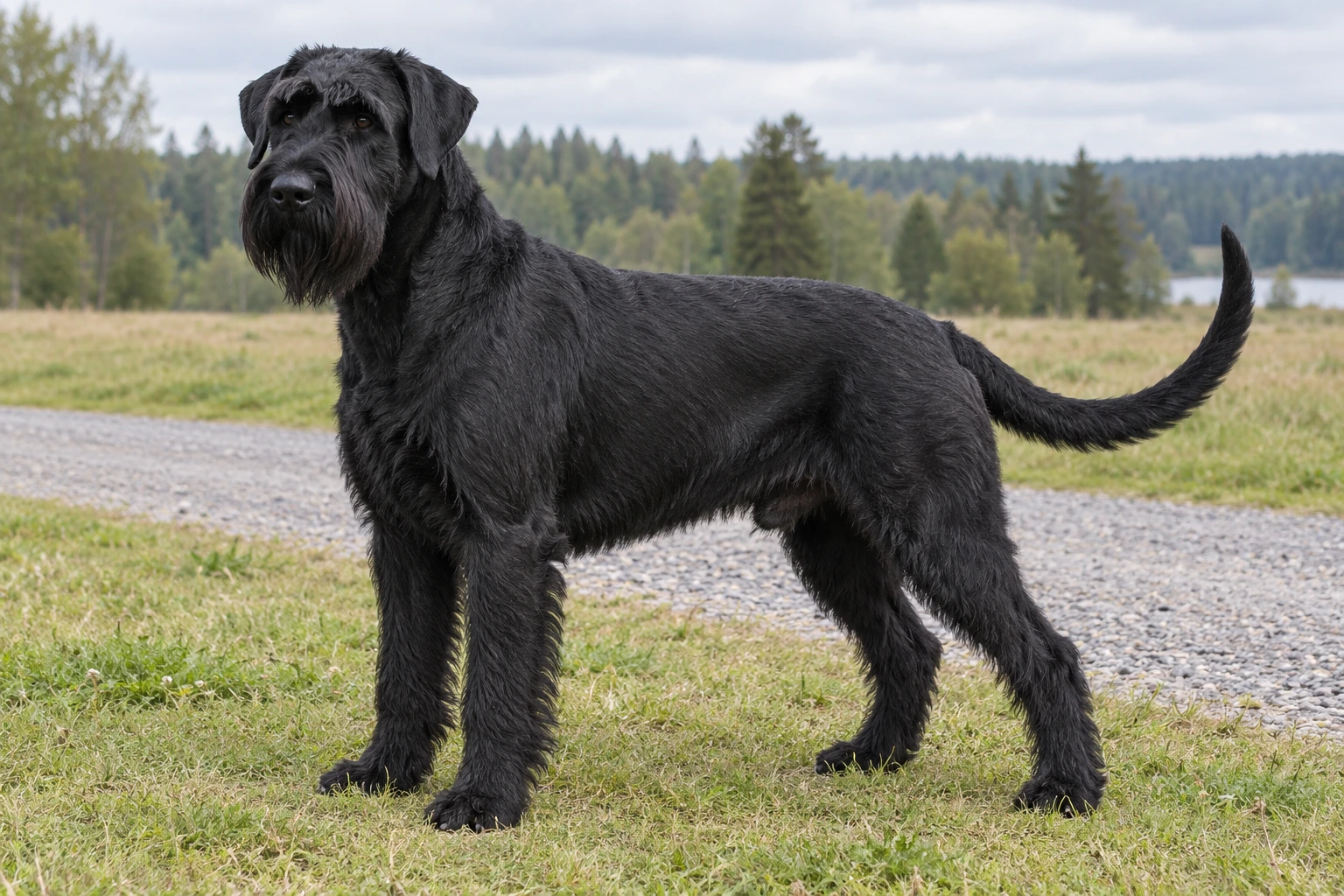 Voksen Riesenschnauzer med naturlige ører og hale står ved en engsti.