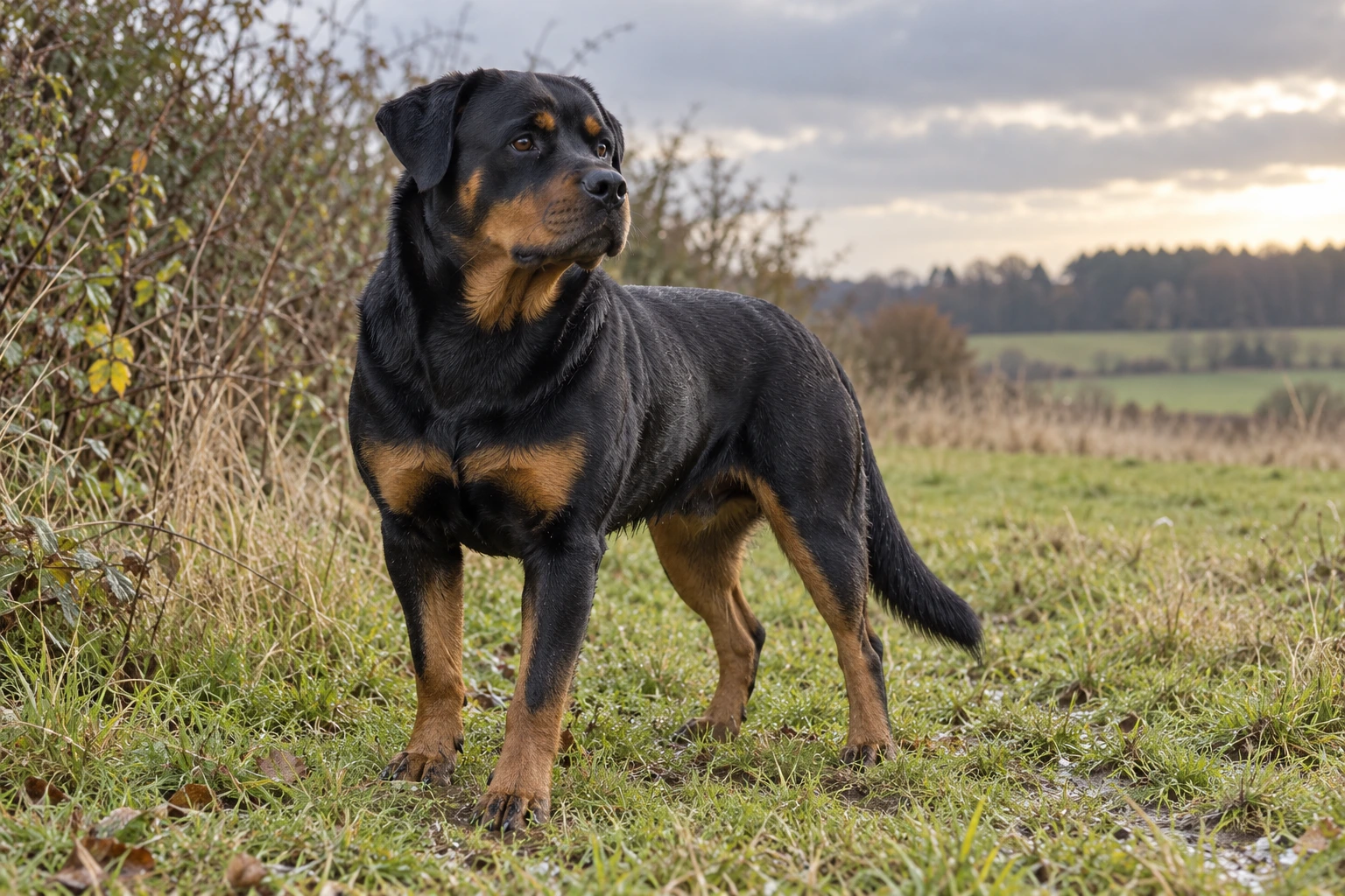Sort og tan voksen Rottweiler står ved et levende hegn
