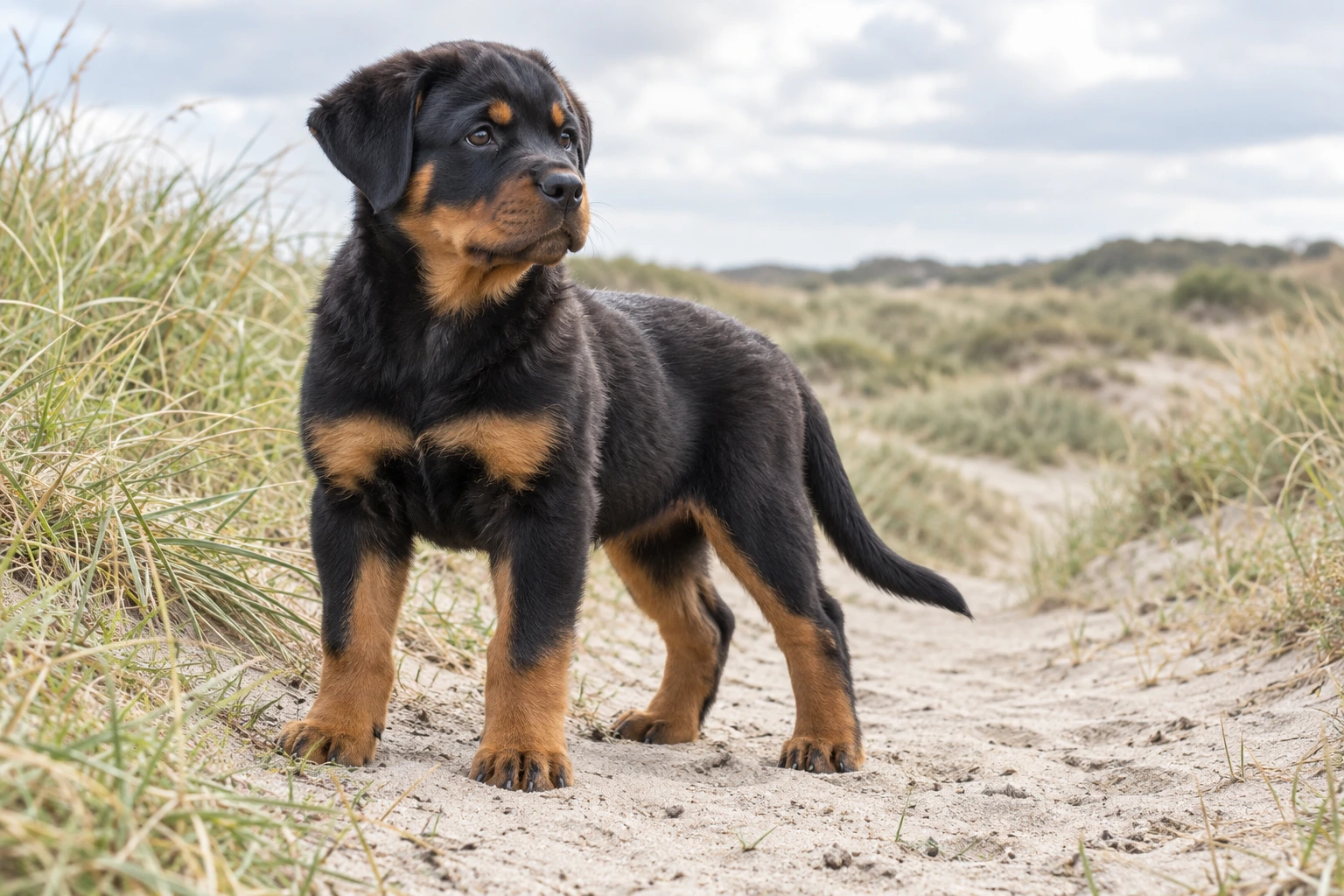 Hvalp af racen Rottweiler, ca. 12 uger, i et nordisk hverdagsmiljø