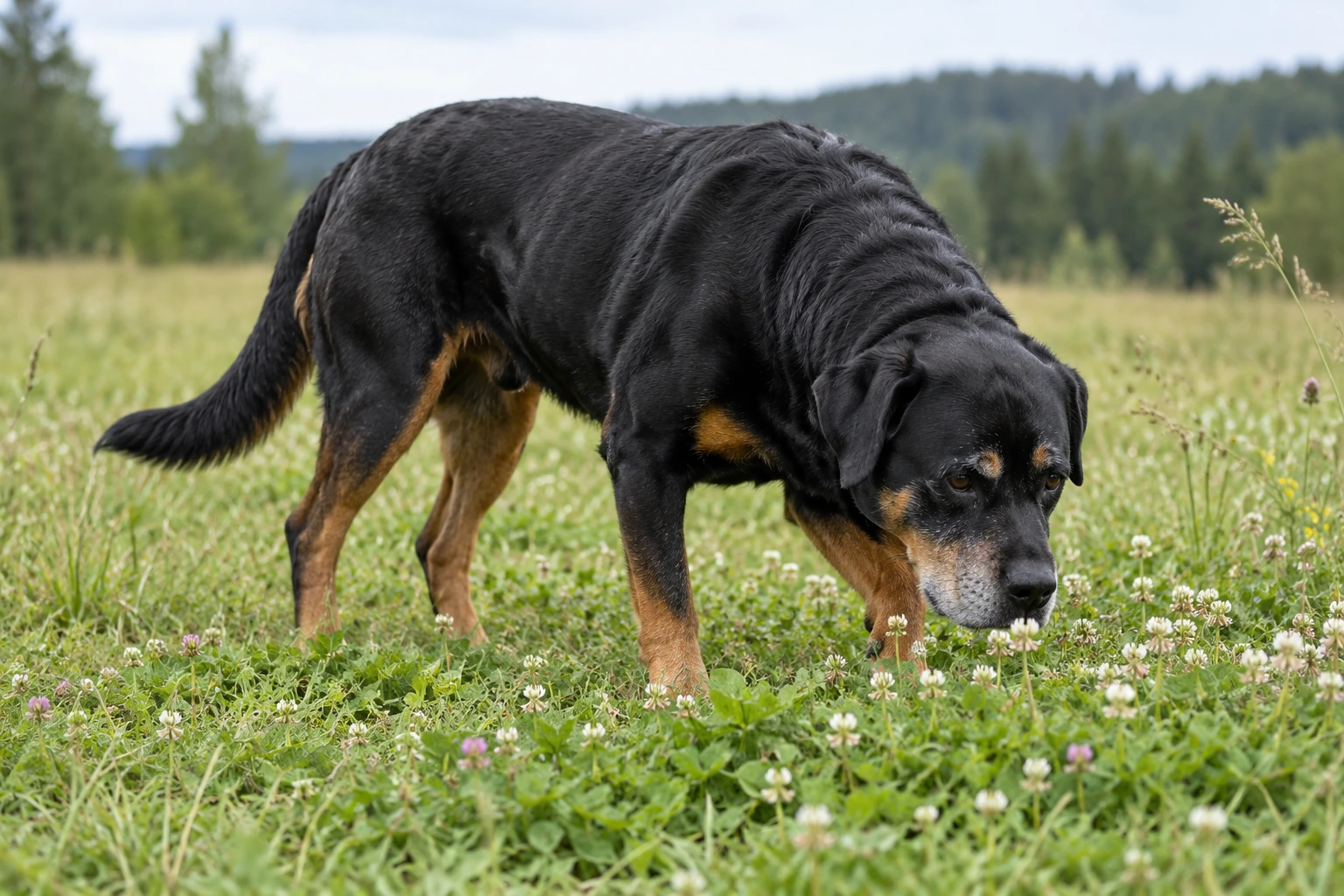 Senior af racen Rottweiler, ca. 10 år, i et nordisk hverdagsmiljø