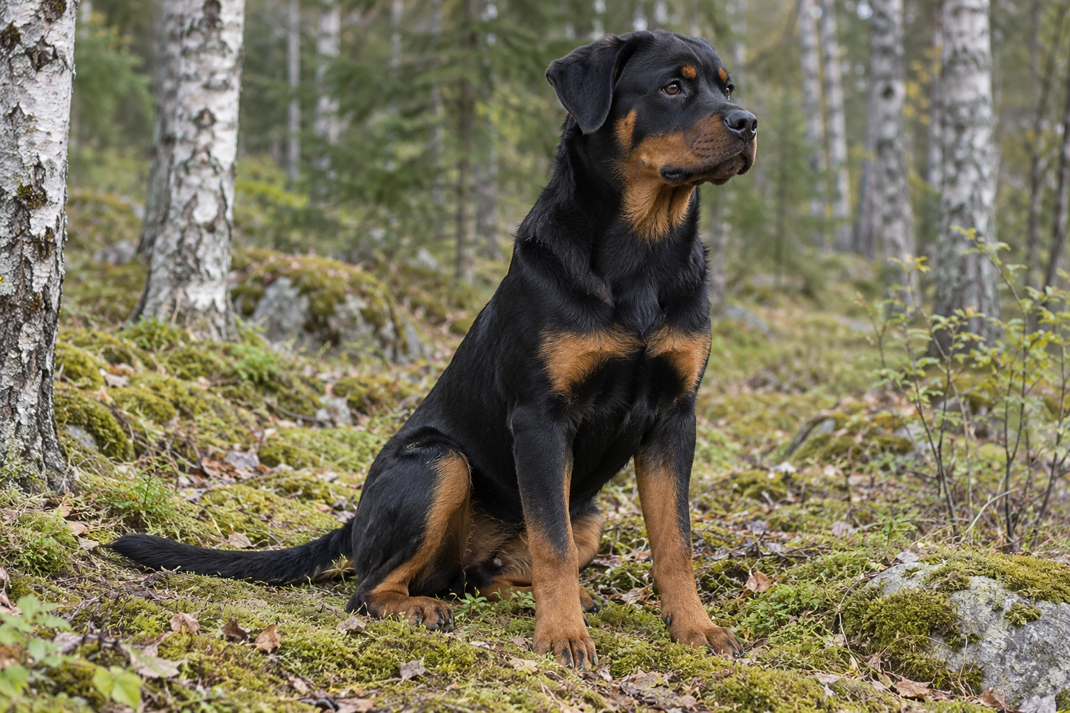 Unghund af racen Rottweiler, ca. 9 måneder, i et nordisk hverdagsmiljø