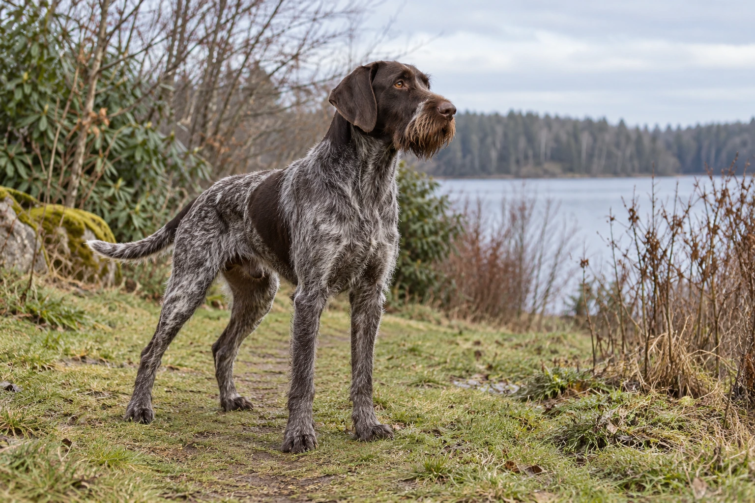Brunskimlet voksen Ruhåret Hønsehund står ved skovens kant