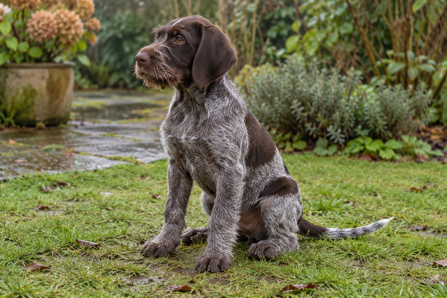 Hvalp af racen Ruhåret Hønsehund, ca. 12 uger, i et nordisk hverdagsmiljø