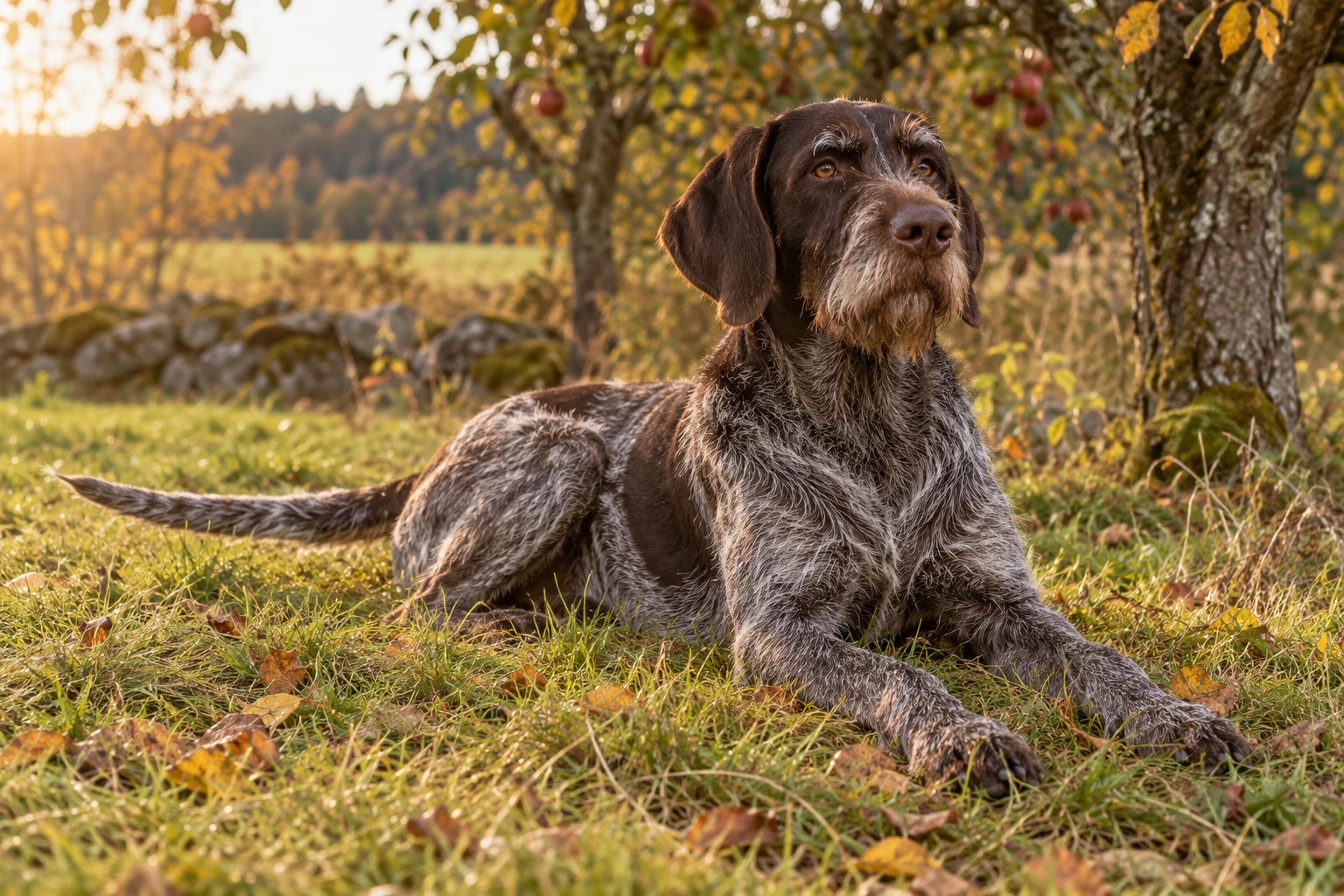 Senior af racen Ruhåret Hønsehund, ca. 10 år, i et nordisk hverdagsmiljø