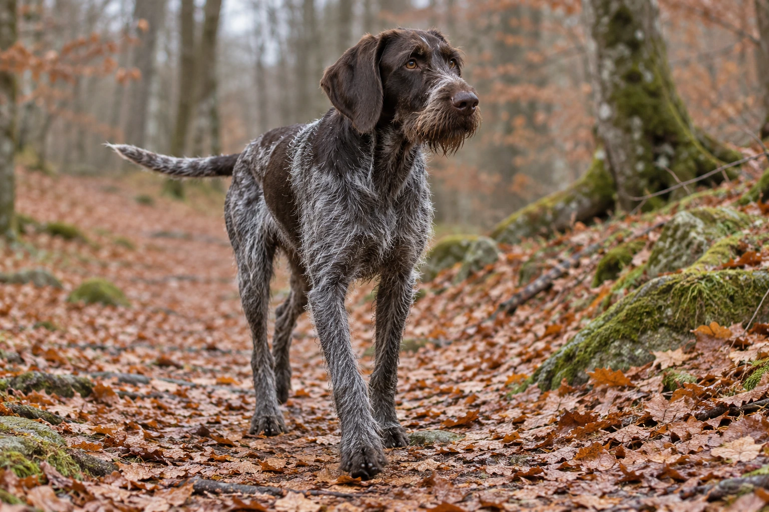 Unghund af racen Ruhåret Hønsehund, ca. 9 måneder, i et nordisk hverdagsmiljø