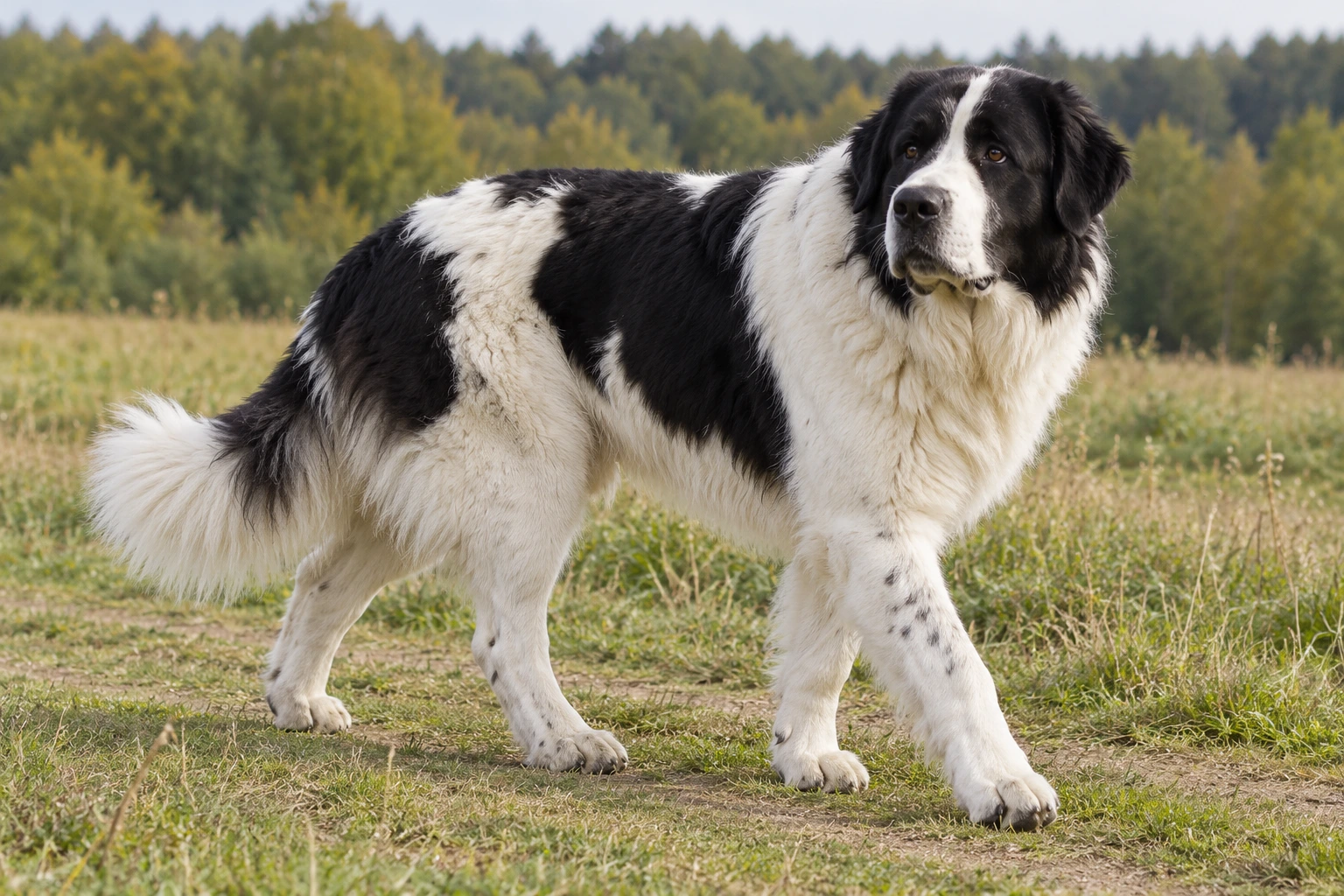 Voksen hvid og sort Rumænsk Hyrdehund Bucovina med naturlige hængeører og fuld hale går på en engsti