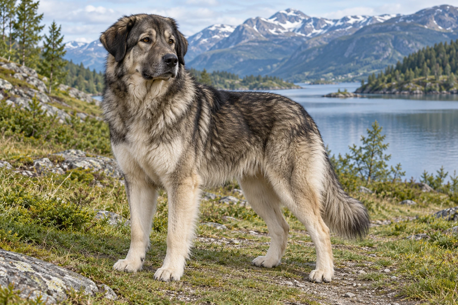 Voksen ulvegrå Rumænsk Hyrdehund Carpatin med naturlige hængeører og busket hale på en fjeldsti