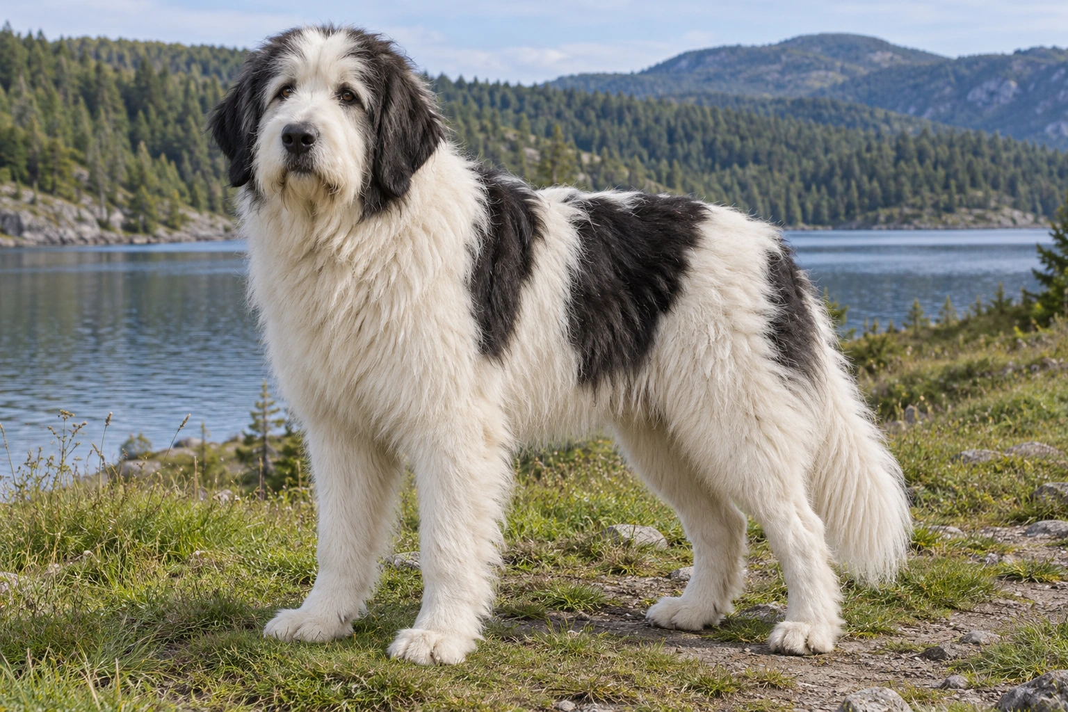 Voksen hvid Rumænsk Hyrdehund Mioritic med sorte pletter og naturlig lang hale ved en sø