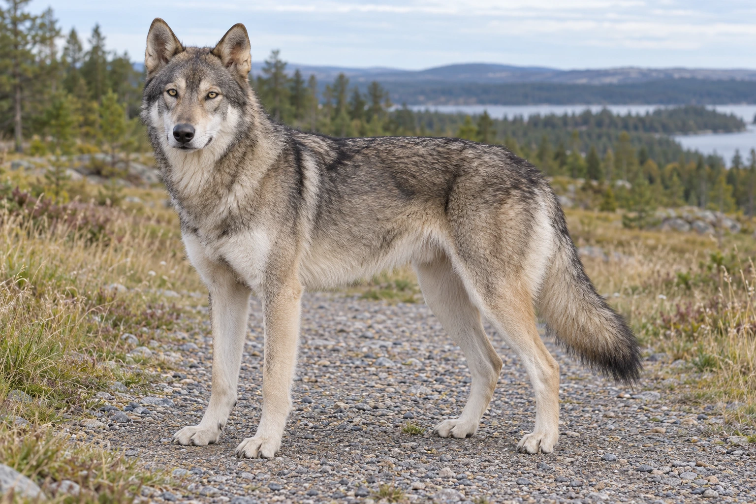 Ulvegrå Saarlooswolfhound med gule mandeløjne og lav sabelhale står på en sti.