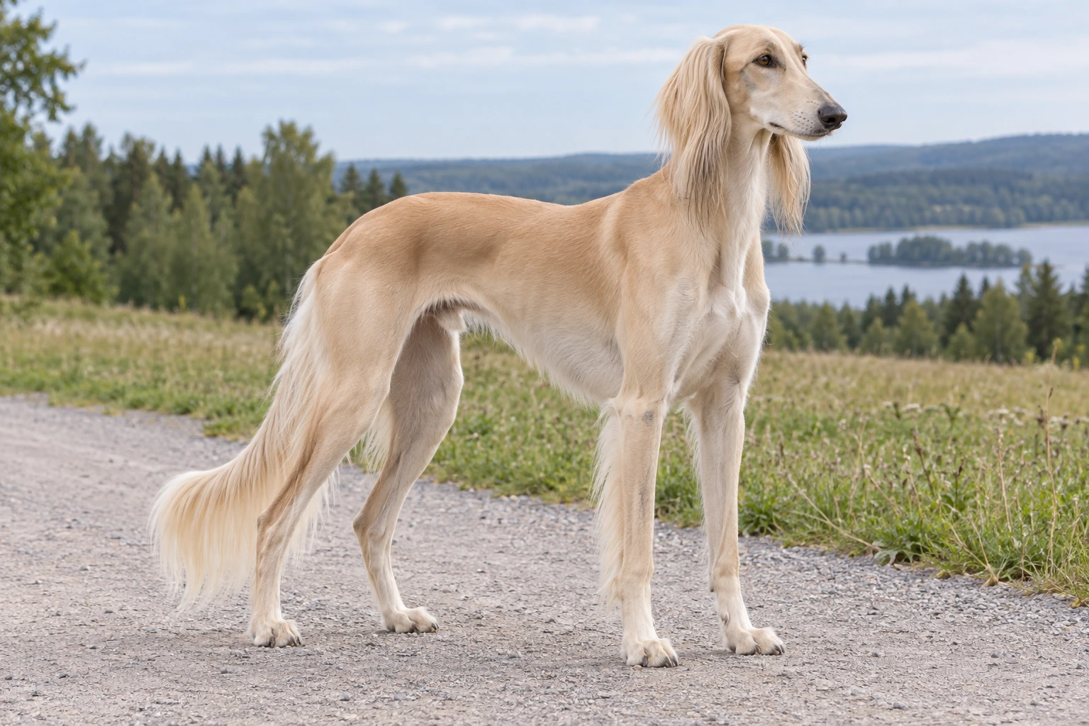 Cremefarvet Saluki med lange ørefaner og lav fanehale står på en sti.