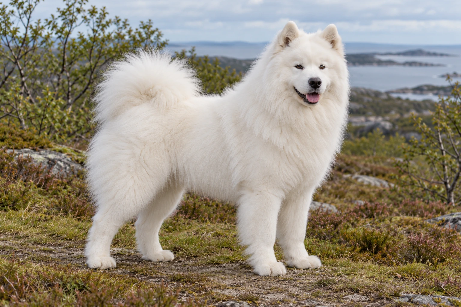 Hvid Samojedhund med hale over ryggen står på en kyststi mellem lave buske.