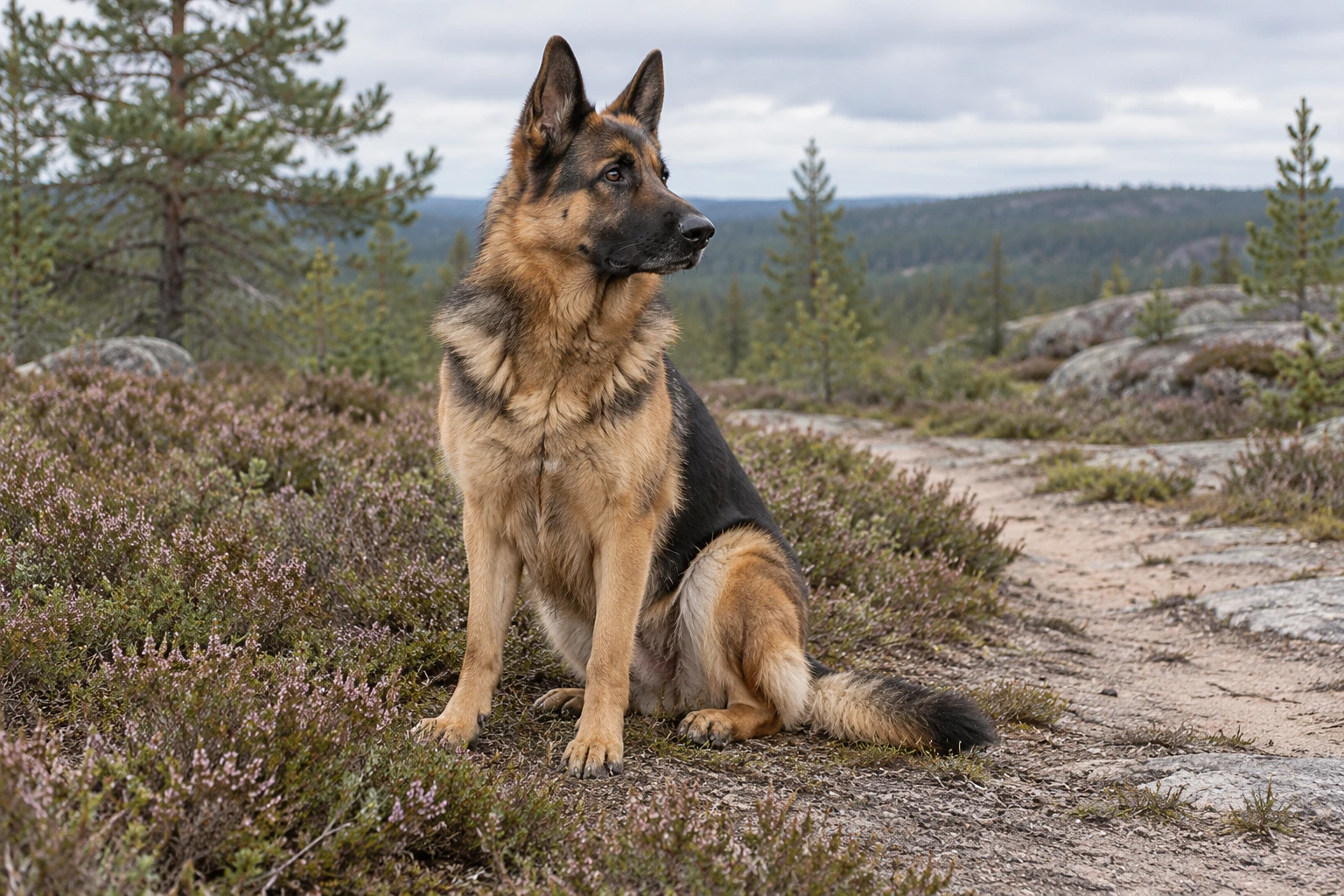 Voksen Schæferhund sidder i et nordisk hedelandskab