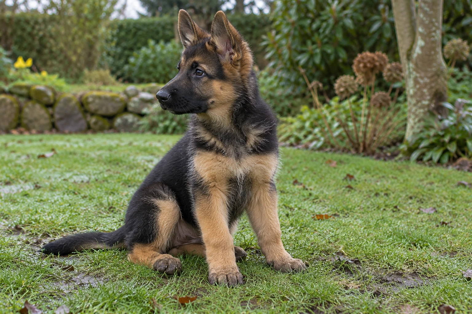 Hvalp af racen Schæferhund, ca. 12 uger, i et nordisk hverdagsmiljø