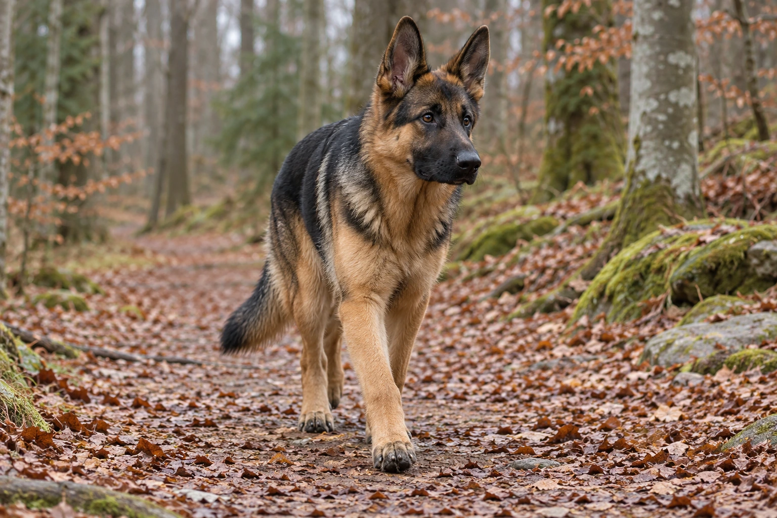 Unghund af racen Schæferhund, ca. 9 måneder, i et nordisk hverdagsmiljø