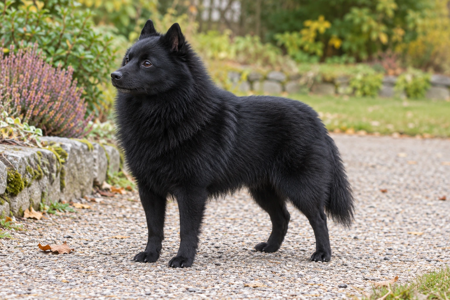Sort Schipperke med kraftig halskrave og naturlig lav hale står på en grussti.