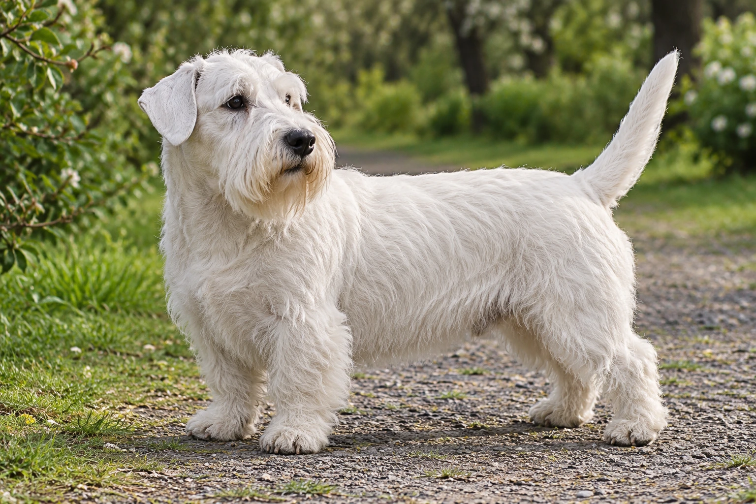 Voksen hvid Sealyham Terrier med naturlige hængeører, strid pels og fuld opret hale i en frugthave