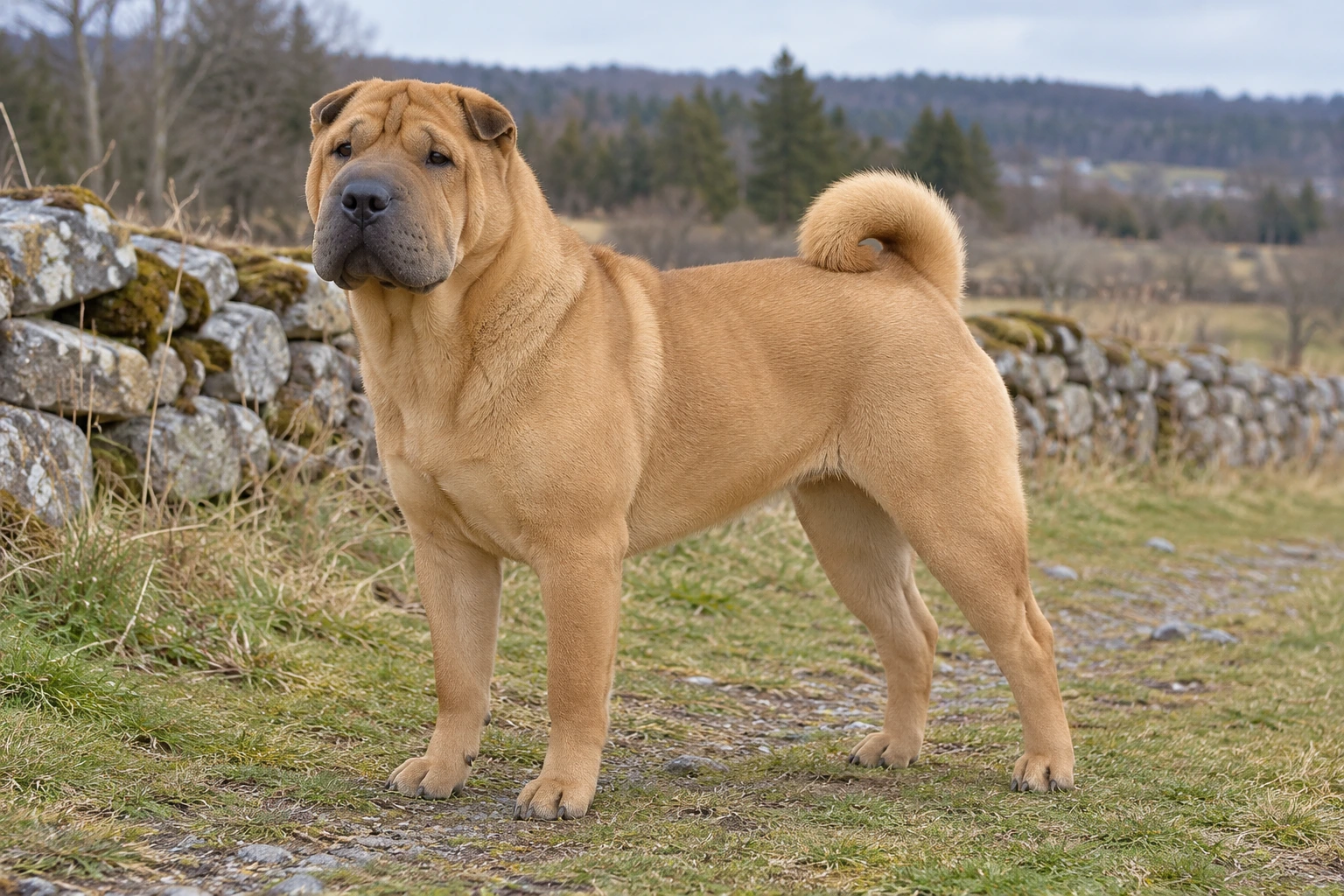 Fawn Shar Pei med små foldede ører og moderate hovedfolder står på en græs- og stensti.