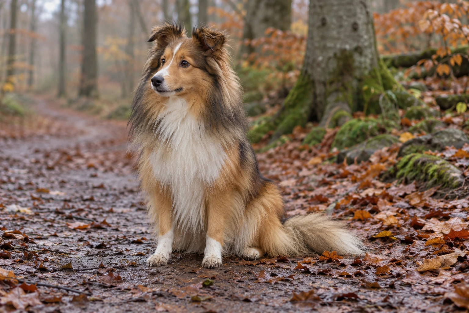Sable og hvid voksen Shetland Sheepdog sidder på en efterårssti