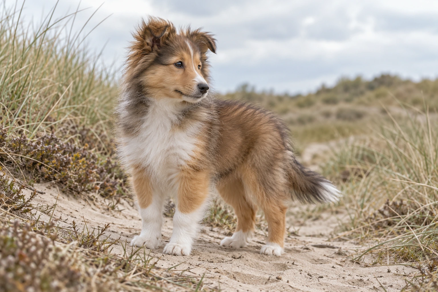 Hvalp af racen Shetland Sheepdog, ca. 12 uger, i et nordisk hverdagsmiljø