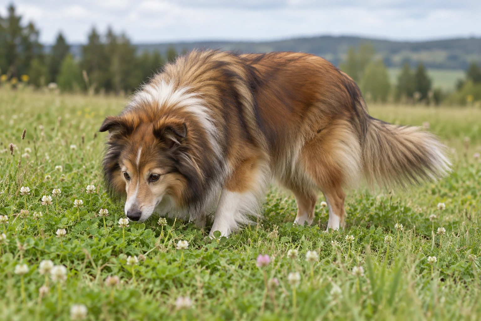 Senior af racen Shetland Sheepdog, ca. 10 år, i et nordisk hverdagsmiljø