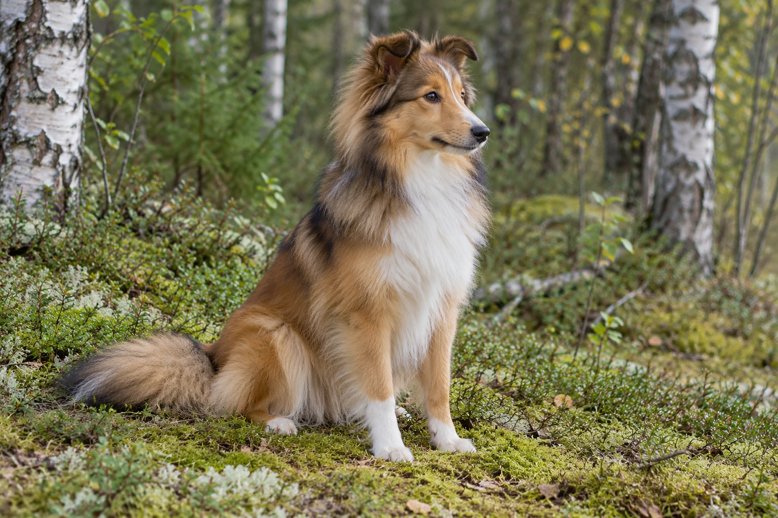 Unghund af racen Shetland Sheepdog, ca. 9 måneder, i et nordisk hverdagsmiljø