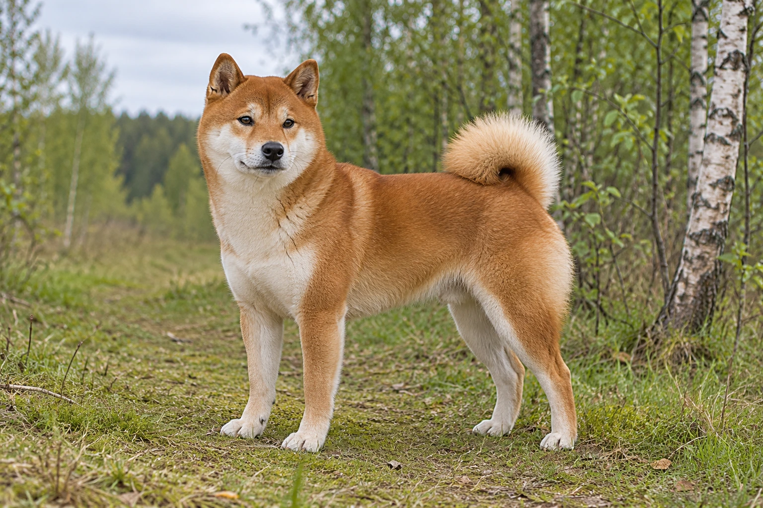 Voksen Shiba i et naturligt nordisk udemiljø