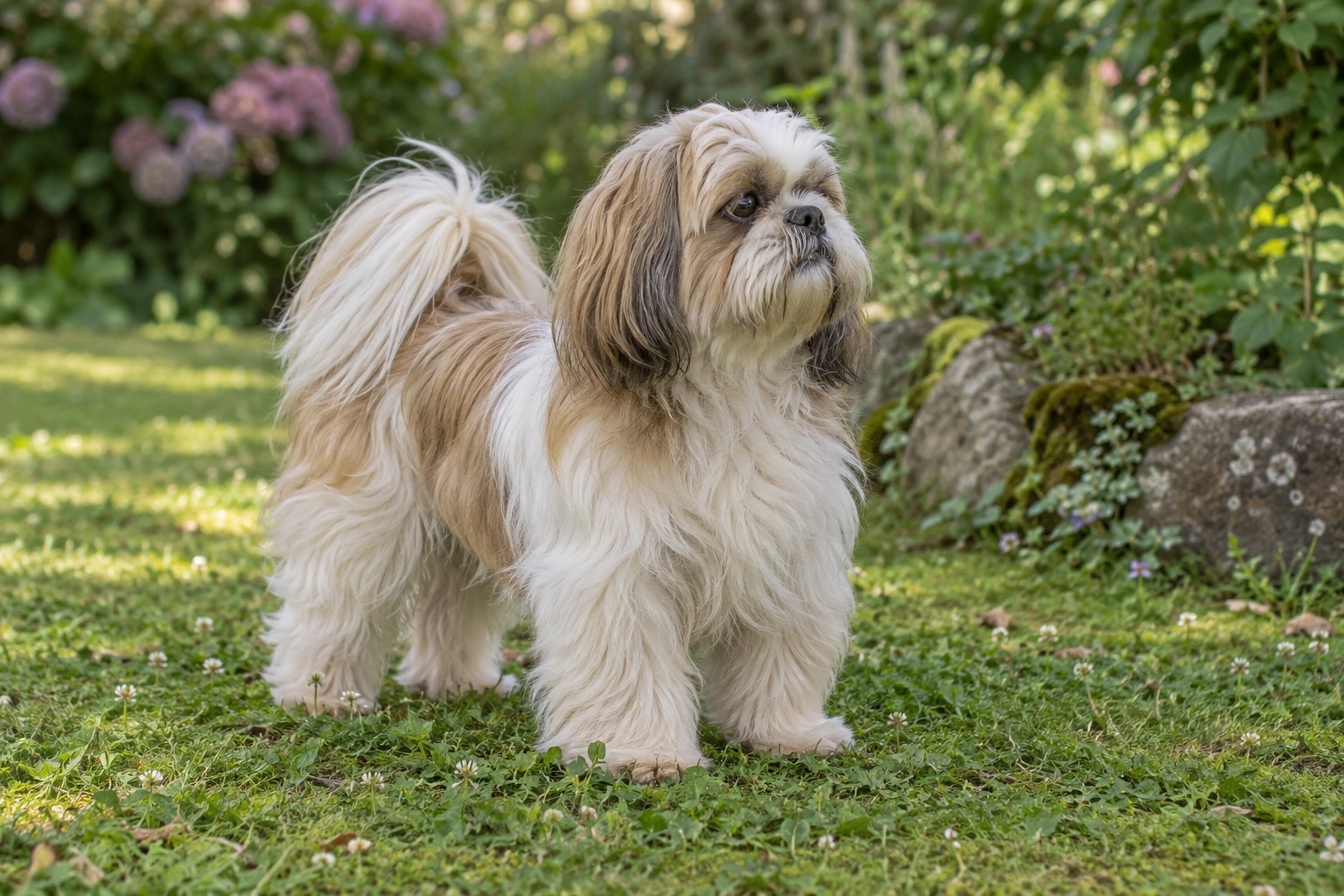 Gylden og hvid voksen Shih Tzu står i en grøn have