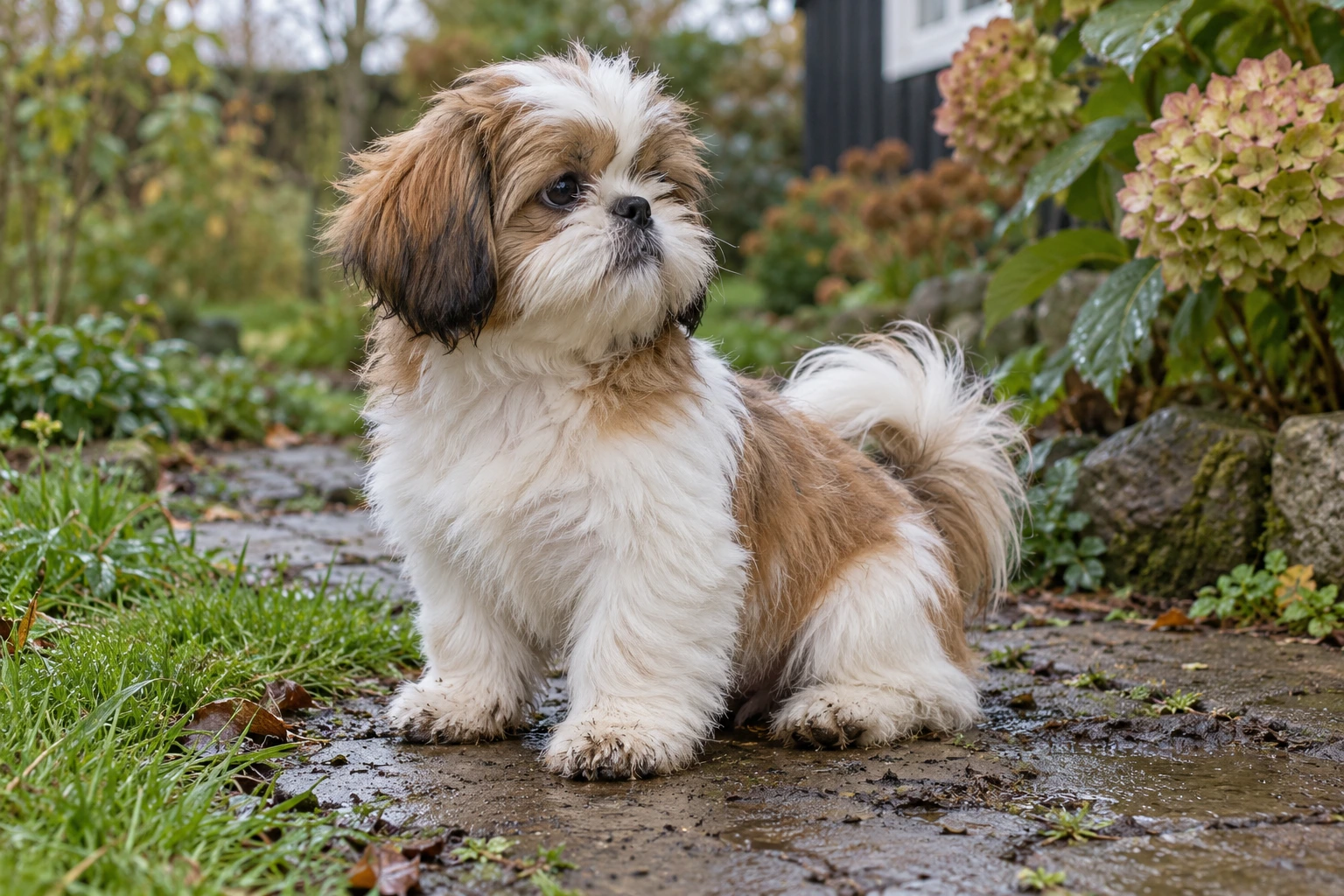 Hvalp af racen Shih Tzu, ca. 12 uger, i et nordisk hverdagsmiljø