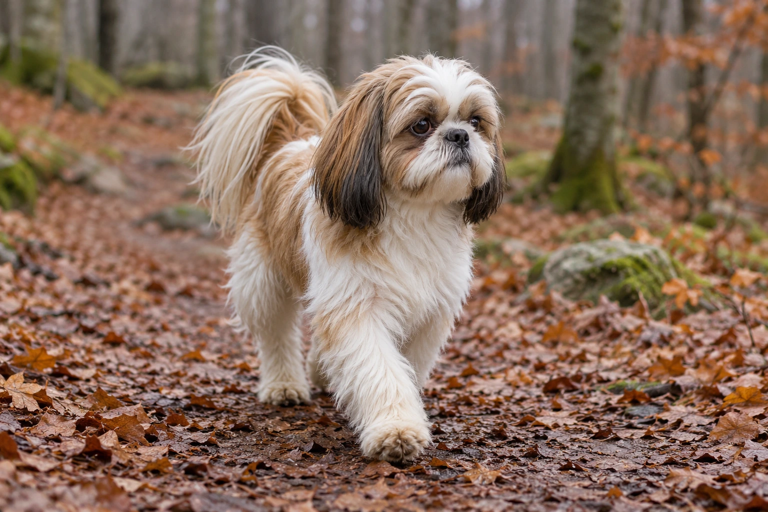 Unghund af racen Shih Tzu, ca. 9 måneder, i et nordisk hverdagsmiljø